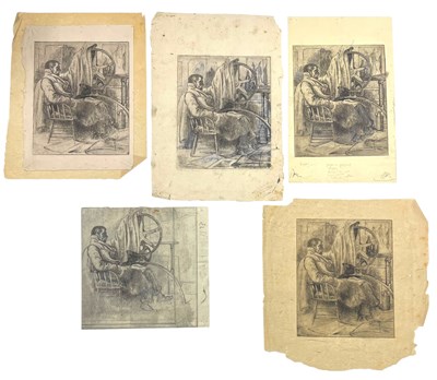 Lot 23 - LILIAN WHITEHEAD (1894-1959) - MAN & SPINNING WHEEL - FOUR ETCHINGS ON PAPER