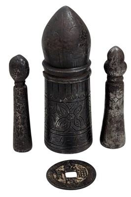 Lot 163 - COLLECTION OF THREE TIBETAN METAL SEALS & A CHINESE COIN 西藏印章和钱币一枚