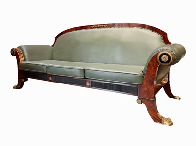 Lot 305 - FRENCH EMPIRE INPIRED MAHOGANY & BRASS EMBELLISHED FOUR SEATER SOFA