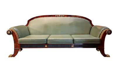 Lot 305 - FRENCH EMPIRE INPIRED MAHOGANY & BRASS EMBELLISHED FOUR SEATER SOFA