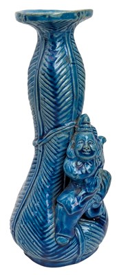 Lot 187 - JAPANESE AWAJI POTTERY TURQ GLAZED 'FIGURINE' GOURD VASE 日本 淡路岛 孔雀蓝釉瓶