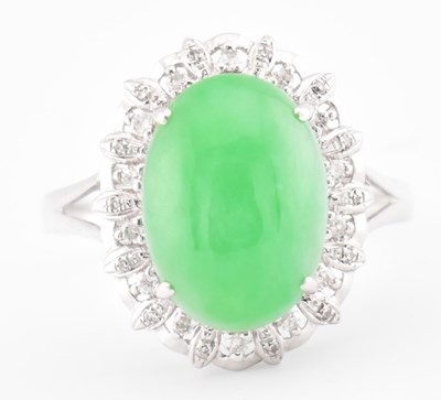 Lot 26 - 18CT WHITE GOLD JADEITE CABOCHON & DIAMOND RING