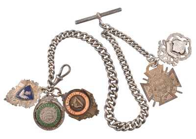 Lot 103 - SILVER WATCH CHAIN WITH SILVER & METAL FOBS