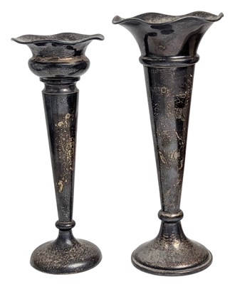 Lot 46 - TWO 20TH CENTURY GEORGE V HALLMARKED SILVER BUD STEM VASES