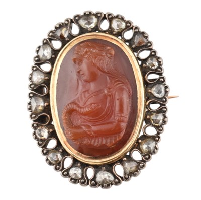 Lot 16 - 19TH CENTURY CARVED CARNELIAN CAMEO & DIAMOND BROOCH PIN