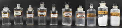 Lot 343 - TEN VICTORIAN & LATER GLASS APOTHECARY / CHEMISTS BOTTLES WITH LABELS
