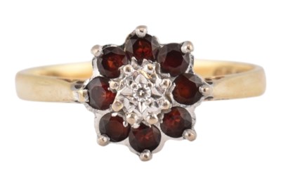 Lot 300 - HALLMARKED 18CT GOLD WHITE & RED STONE CLUSTER RING