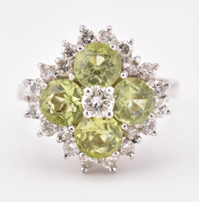 Lot 9 - 18CT WHITE GOLD DIAMOND & PERIDOT CLUSTER RING