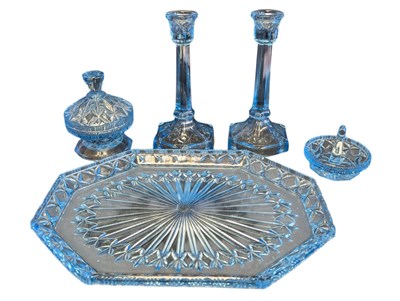 Lot 183 - ART DECO LIGHT BLUE GLASS DRESSING TABLE SET