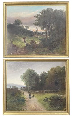 Lot 372 - PAIR OF ROMANTIC 19TH CENTURY OIL ON CANVAS LANDSCAPE PAINTINGS WITH FIGURES