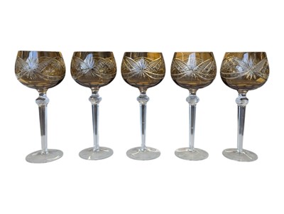 Lot 198 - FIVE 20TH CENTURY VINTAGE AMBER GLASS HOCK GLASSES