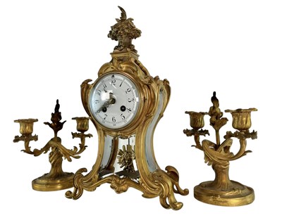 Lot 342 - A D MOUGIN - FRENCH ROCOCO STYLE 19TH CENTURY ORMOLU GARNITURE CLOCK
