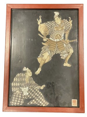 Lot 193 - 19TH CENTURY JAPANESE LACQUERED PANEL WITH BONE / MOTHER OF PEARL FIGURES