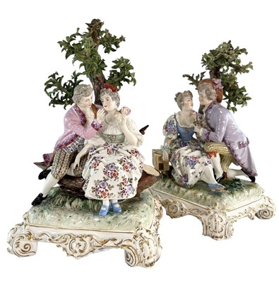 Lot 51 - TWO FRENCH 19TH CENTURY HAND PAINTED PORCELAIN FIGURES OF COURTING COUPLES