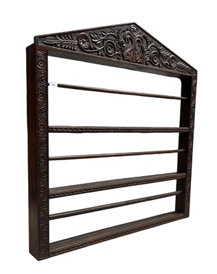 Lot 344 - 18TH CENTURY CARVED OAK HANGING WALL / PLATE RACK SHELVES