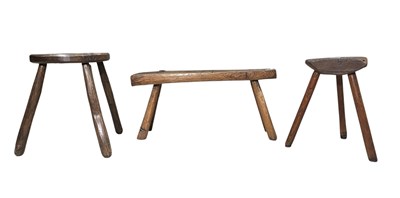 Lot 424 - THREE 19TH CENTURY & LATER ELM WOOD RUSTIC WOODEN PIG BENCH & STOOLS