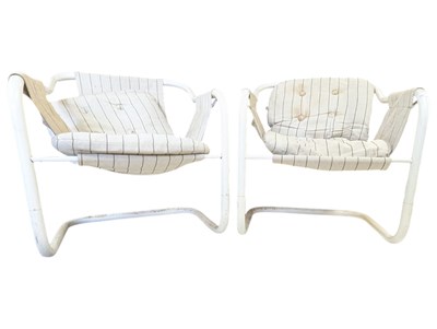 Lot 593 - SPINDER, HOLLAND - PAIR OF MID CENTURY PAINTED TUBULAR METAL & CANVAS CANTILEVER ARMCHAIRS