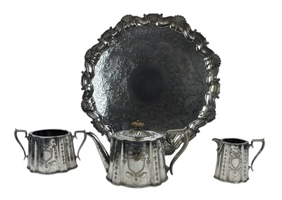 Lot 76 - EXTRA LARGE VICTORIAN / EDWARD VII SILVER PLATED TRAY & 3 PIECES TEA SERVICE