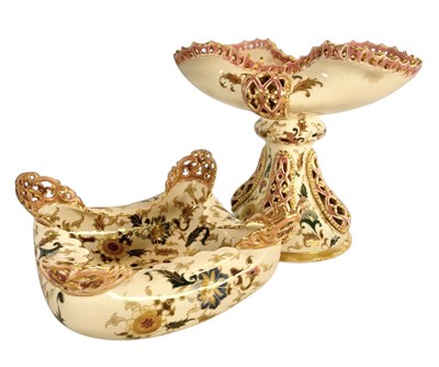 Lot 32 - TWO HUNGARIAN ZSOLNAY LATE 19TH CENTURY HAND PAINTED PORCELAIN FOLDED ITEMS