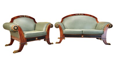 Lot 310 - FRENCH EMPIRE STYLE MAHOGANY & BRASS EMBELLISHED TWO SEATER & ARMCHAIR