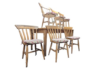 Lot 886 - LARGE 20TH CENTURY OAK KITCHEN DINING TABLE & MATCHING SIX PINE CHAIRS