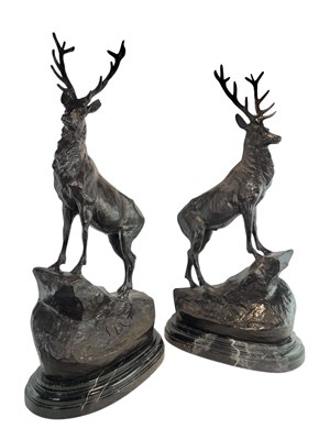 Lot 278 - AFTER JULES MOIGNIEZ (1835-1894) - PAIR OF LARGE HOLLOW CAST METAL STAG SCULPTURES
