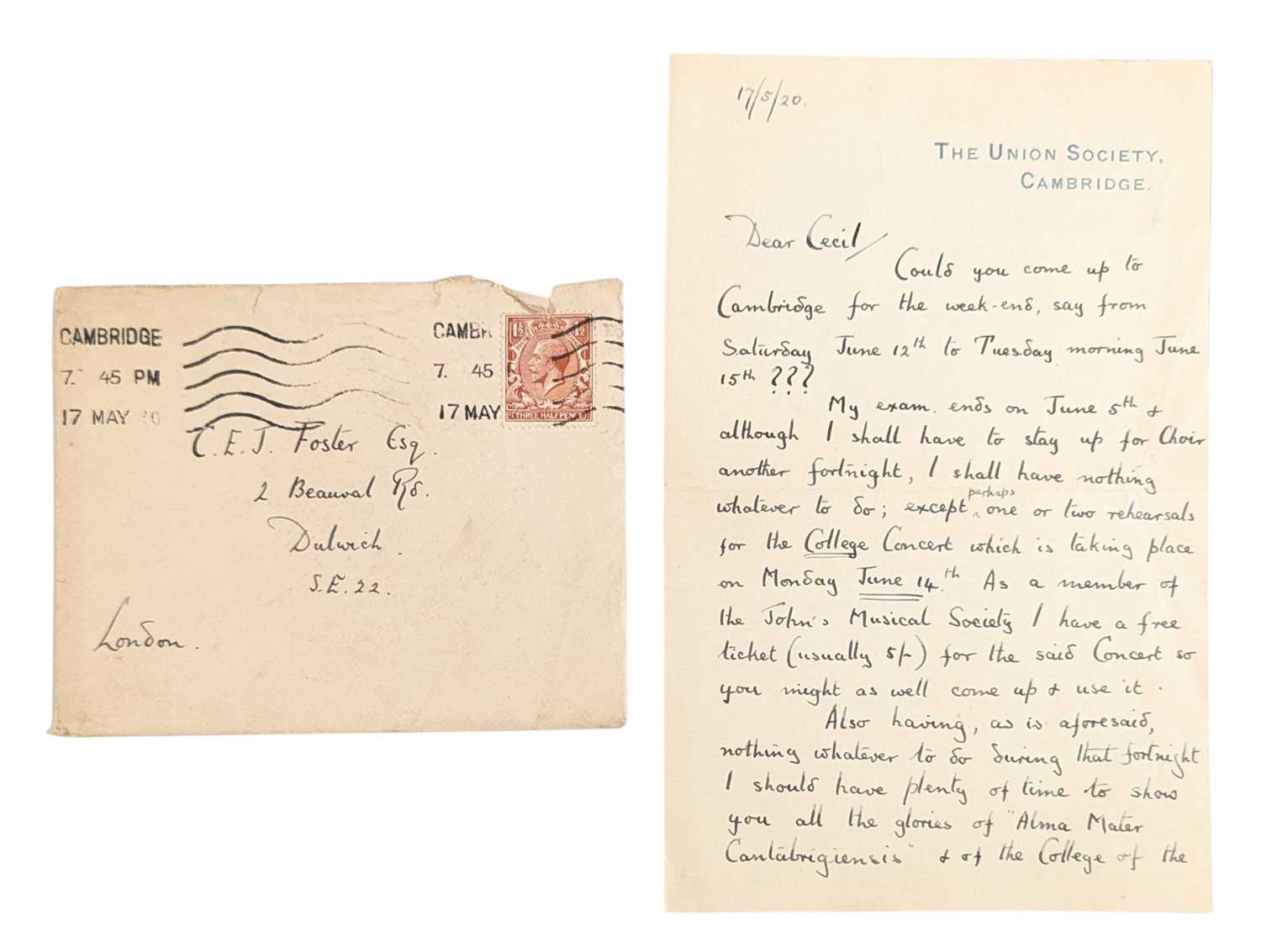 Lot 79 - MUSIC - LETTER FROM DILIP KUMAR ROY TO C.E.J. FOSTER, 1920