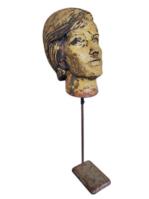 Lot 256 - MID 20TH CENTURY FIBREGLASS MANNEQUIN HEAD ON METAL STAND