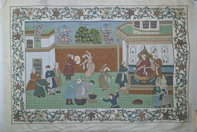 Lot 211 - LARGE 20TH INDIAN GOUACHE SILK PAINTING ON SILK - MUGHAL RULER & DANCERS