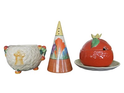 Lot 62 - 1930S ART DECO CLARICE CLIFF CROCUS SUGAR SIFTER & OTHERS
