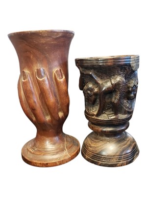 Lot 269 - TWO EARLY 20TH CENTURY & LATER HAND CARVED GOBLETS