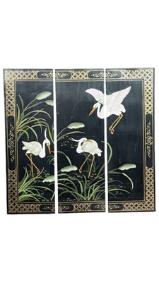 Lot 836 - THREE HAND PAINTED LACQUERED CHINESE CRANE PANELS