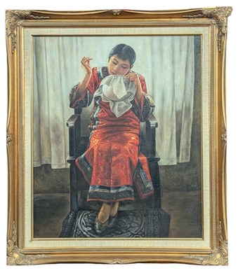 Lot 835 - AFTER JIANG GUOFANG (CHINESE, 1951 - ) - OIL ON BOARD PAINTING OF A CHINESE EMBROIDERER