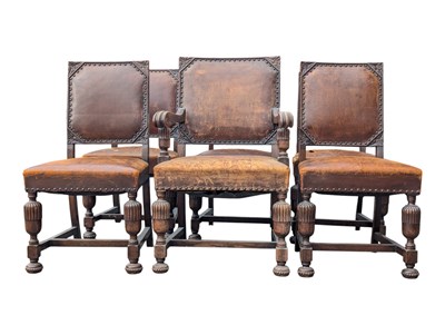 Lot 843 - SET OF SIX CROMWELLIAN STYLE STUDDED LEATHER & OAK DINING CHAIRS