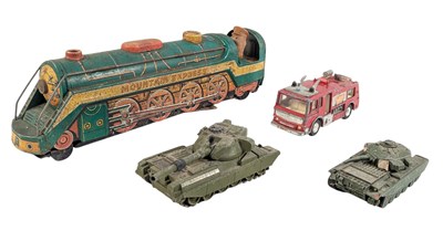 Lot 189 - DIECAST - X3 VINTAGE DINKY TOYS & LOUIS MARX LOCOMOTIVE