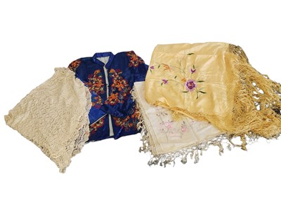 Lot 278 - 20TH CENTURY CHINESE SILK PIANO SHAWLS, EMBROIDERED JACKET, & LACE SHAWL