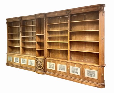 Lot 275 - LARGE EARLY 20TH CENTURY WALNUT INLAID QUADRUPLE LIBRARY BOOKCASE