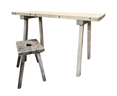 Lot 541 - EARLY 20TH CENTURY ASH & PINE FARMHOUSE WORK RUSTIC TABLE AND STOOL