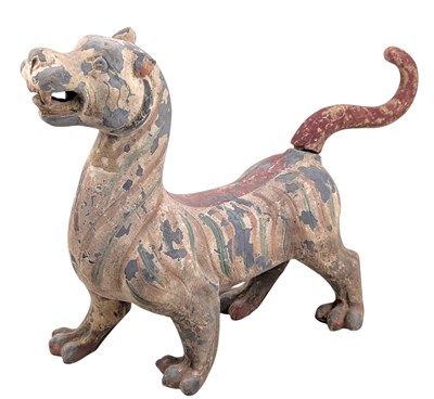 Lot 160 - CHINESE HAN POTTERY PIXIU / CHIMERA 陶 彩绘神兽 /貔貅