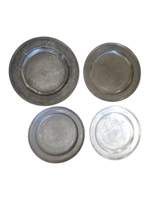 Lot 296 - FOUR 18TH & 19TH CENTURY PEWTER CHARGERS