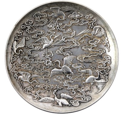 Lot 175 - SMALL CHINESE WHITE METAL BAKTONG 'EIGHT CRANE' DISH 八仙庆寿款铝盘