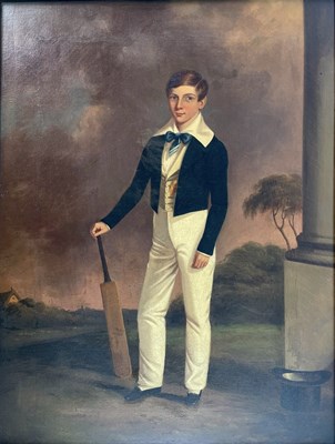 Lot 260 - 19TH CENTURY SCHOOL - SIR EMILIUS BAYLEY AS A BOY WITH CRICKET BAT- OIL ON CANVAS