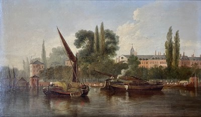 Lot 336 - ATTR. SIR A. CALLCOTT RA (1779-1844) - BARGES ON THE THAMES - OIL ON CANVAS PAINTING