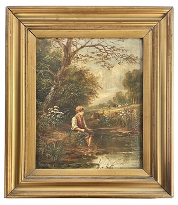 Lot 456 - HENRY HARRIS (1852-1926) - YOUNG ANGLER - OIL ON CANVAS GENRE PAINTING