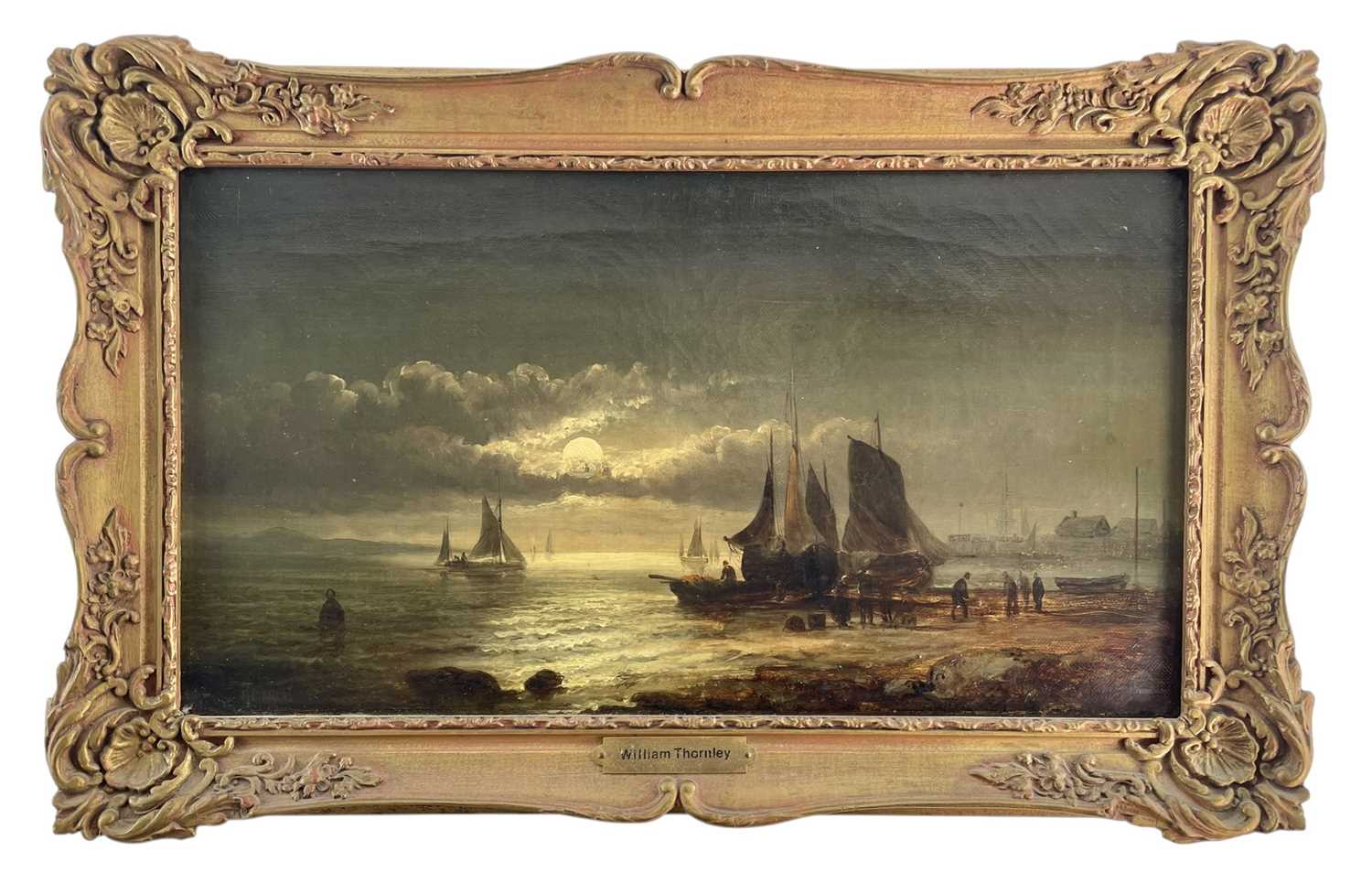 Lot 357 - GEORGES WILLIAM THORNLEY - FISHERMEN & BARGES BY MOONLIGHT - OIL ON CANVAS PAINTING