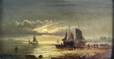 Lot 357 - GEORGES WILLIAM THORNLEY - FISHERMEN & BARGES BY MOONLIGHT - OIL ON CANVAS PAINTING