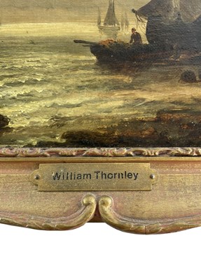 Lot 357 - GEORGES WILLIAM THORNLEY - FISHERMEN & BARGES BY MOONLIGHT - OIL ON CANVAS PAINTING