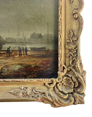 Lot 357 - GEORGES WILLIAM THORNLEY - FISHERMEN & BARGES BY MOONLIGHT - OIL ON CANVAS PAINTING