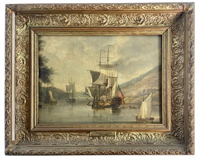 Lot 349 - ATTR. NICHOLAS POCOCK - MAN OF WAR ANCHORED - OIL ON CANVAS MARITIME PAINTING