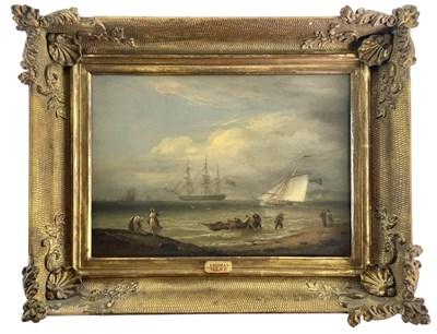 Lot 365 - CIRCLE OF THOMAS LUNY - FISHERMEN UNLOADING THEIR CATCH - OIL ON PANEL PAINTING
